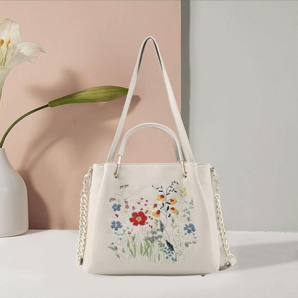 Women's Soft Vegan Leather Embroidered Designer Top Shoulder Handle Tote Bag - Picture 9 of 9